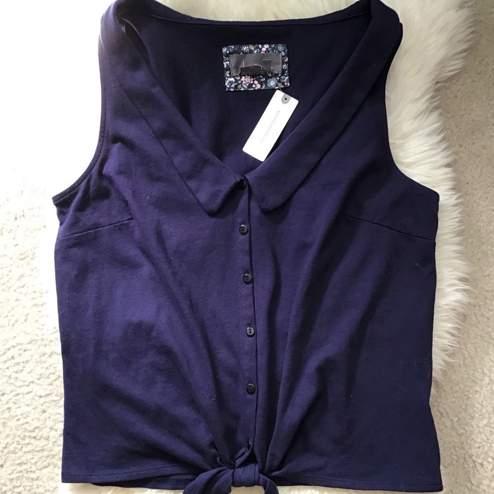 Anthropologie NWT Cotton V neck Top Medium Navy